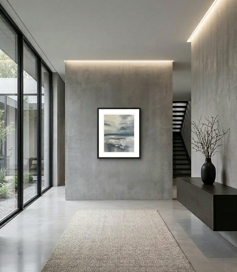 Modern interior with a framed artwork on a gray wall, a vase with branches, and large windows.