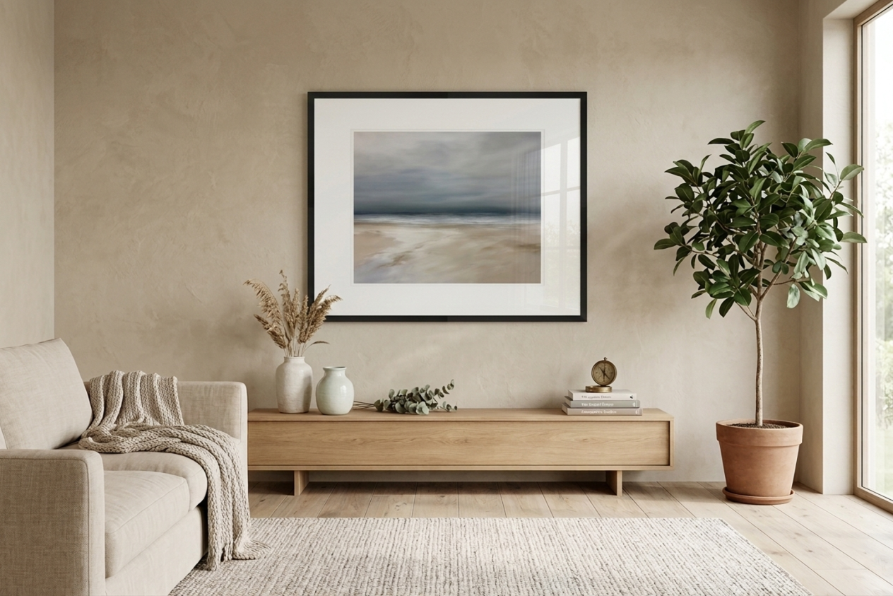 Living room with a framed artwork on the wall, a wooden console table, and a plant.