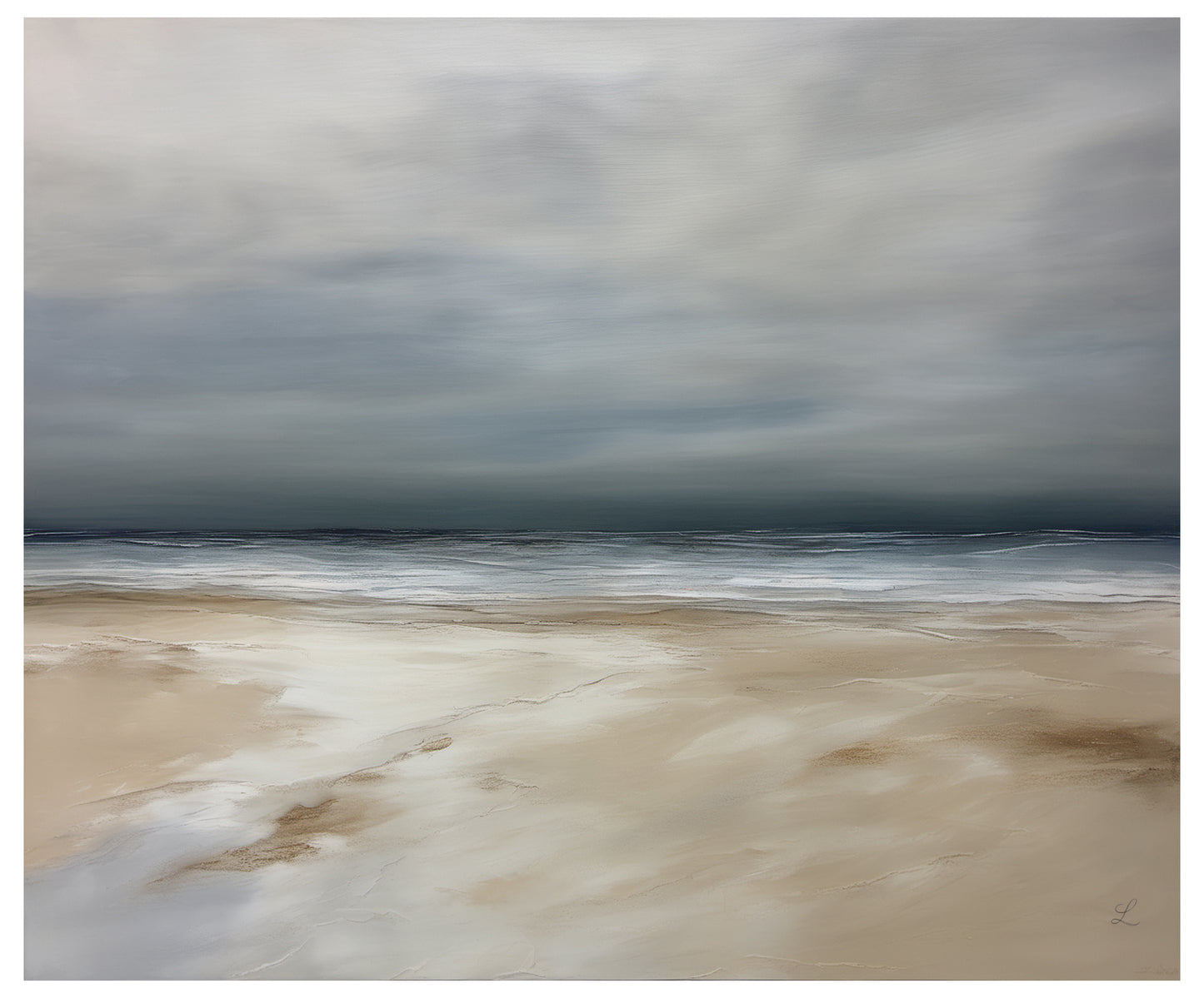 Beach scene with a cloudy sky and wet sand