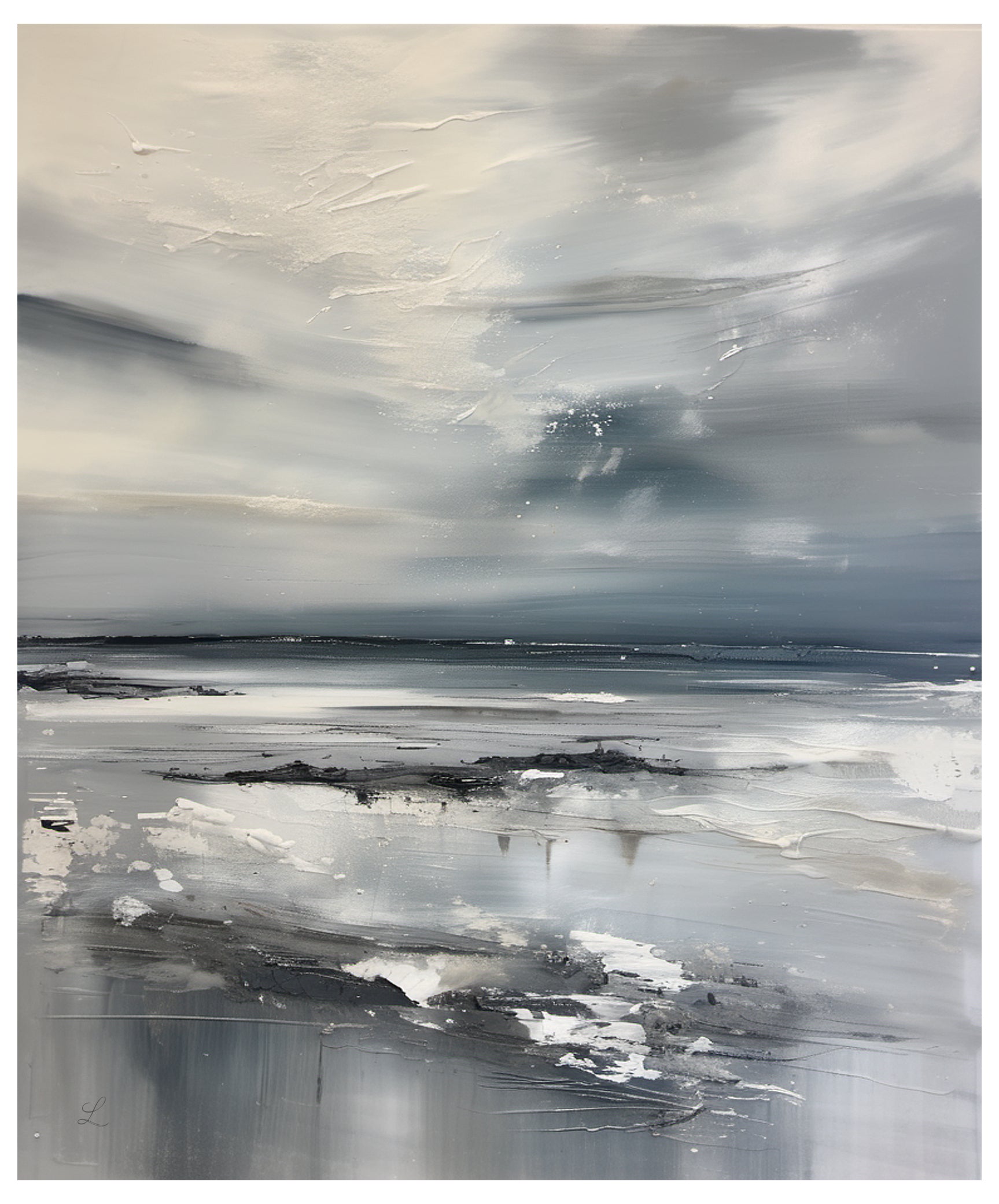 Abstract art piece with a blurred landscape of water and sky.