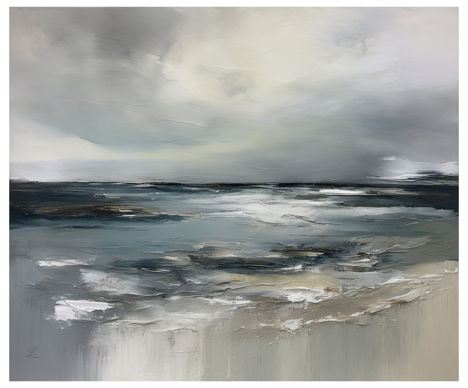 Abstract landscape painting with a cloudy sky and textured ocean.